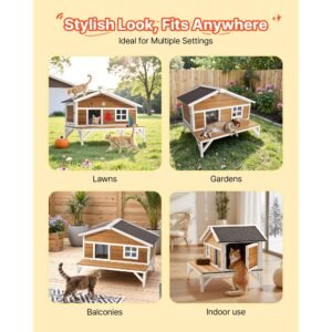 insulated cat house, all around foam insulation elevated cat shelter, wooden feral kitty shelter with large platform, waterproof cats condos for indoor & outdoor cats in winter 43.5x33.5x31 in