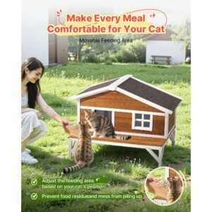 insulated cat house, all around foam insulation elevated cat shelter, wooden feral kitty shelter with large platform, waterproof cats condos for indoor & outdoor cats in winter 43.5x33.5x31 in