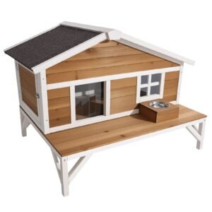insulated cat house, all around foam insulation elevated cat shelter, wooden feral kitty shelter with large platform, waterproof cats condos for indoor & outdoor cats in winter 43.5x33.5x31 in