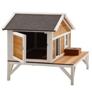 insulated cat house, all around foam insulation elevated cat shelter, wooden feral kitty shelter with large platform, waterproof cats condos for indoor & outdoor cats in winter 43.5x33.5x31 in