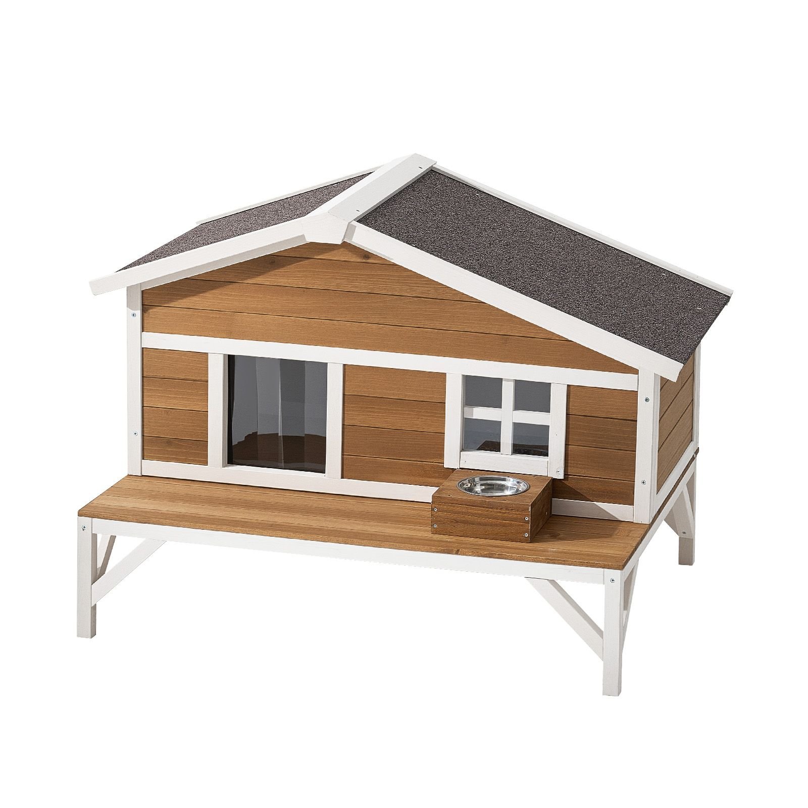 insulated cat house, all around foam insulation elevated cat shelter, wooden feral kitty shelter with large platform, waterproof cats condos for indoor & outdoor cats in winter 43.5x33.5x31 in