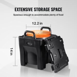 insulated food carrier, 32qt capacity, stackable catering hot box w/stainless steel barrel, top load lldpe food warmer w/integral handles buckles stationary , for restaurant canteen, black