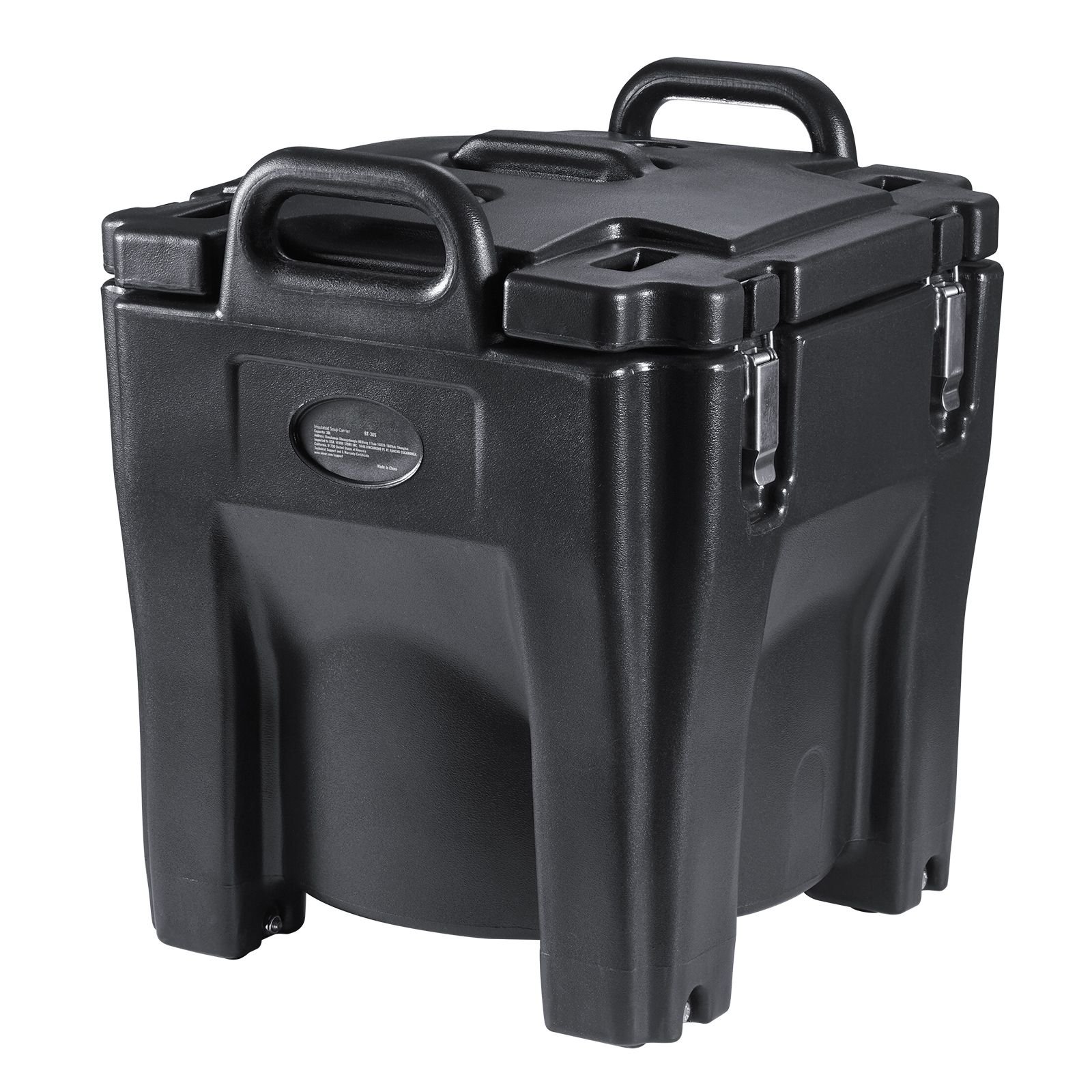 insulated food carrier, 32qt capacity, stackable catering hot box w/stainless steel barrel, top load lldpe food warmer w/integral handles buckles stationary , for restaurant canteen, black