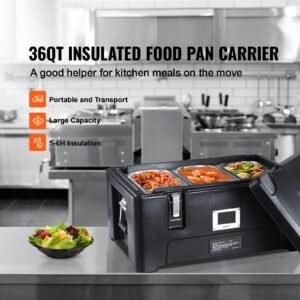 insulated food pan carrier, 36qt capacity, stackable catering hot box with 3 stainless steel pans, top load lldpe food warmer with elastic side handles and buckles, for restaurant canteen, black