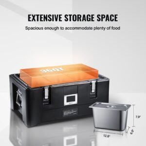 insulated food pan carrier, 36qt capacity, stackable catering hot box with 3 stainless steel pans, top load lldpe food warmer with elastic side handles and buckles, for restaurant canteen, black