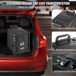 insulated food pan carrier, 81 qt hot box for catering, food box carrier with double buckles, front loading food warmer with handles, stackable end loader for restaurant, canteen