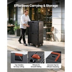 insulated food pan carrier, 82 qt non electrical food warmer, with wheel & 304 stainless steel latch, lldpe stackable hot box, for various pan sizes(not included), fit catering bbq event(black)