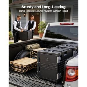 insulated food pan carrier, 82 qt non electrical food warmer, with wheel & 304 stainless steel latch, lldpe stackable hot box, for various pan sizes(not included), fit catering bbq event(black)