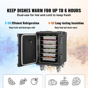 insulated food pan carrier, 95 qt hot box for catering, food box carrier with buckle, front loading food warmer with handles, end loader with wheels for restaurant, canteen