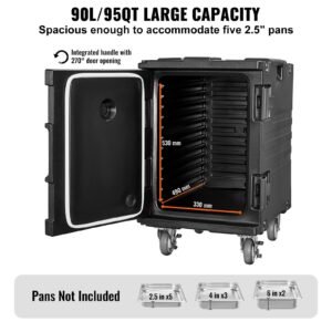 insulated food pan carrier, 95 qt hot box for catering, food box carrier with buckle, front loading food warmer with handles, end loader with wheels for restaurant, canteen