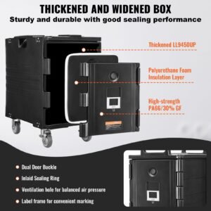 insulated food pan carrier, 95 qt hot box for catering, food box carrier with buckle, front loading food warmer with handles, end loader with wheels for restaurant, canteen