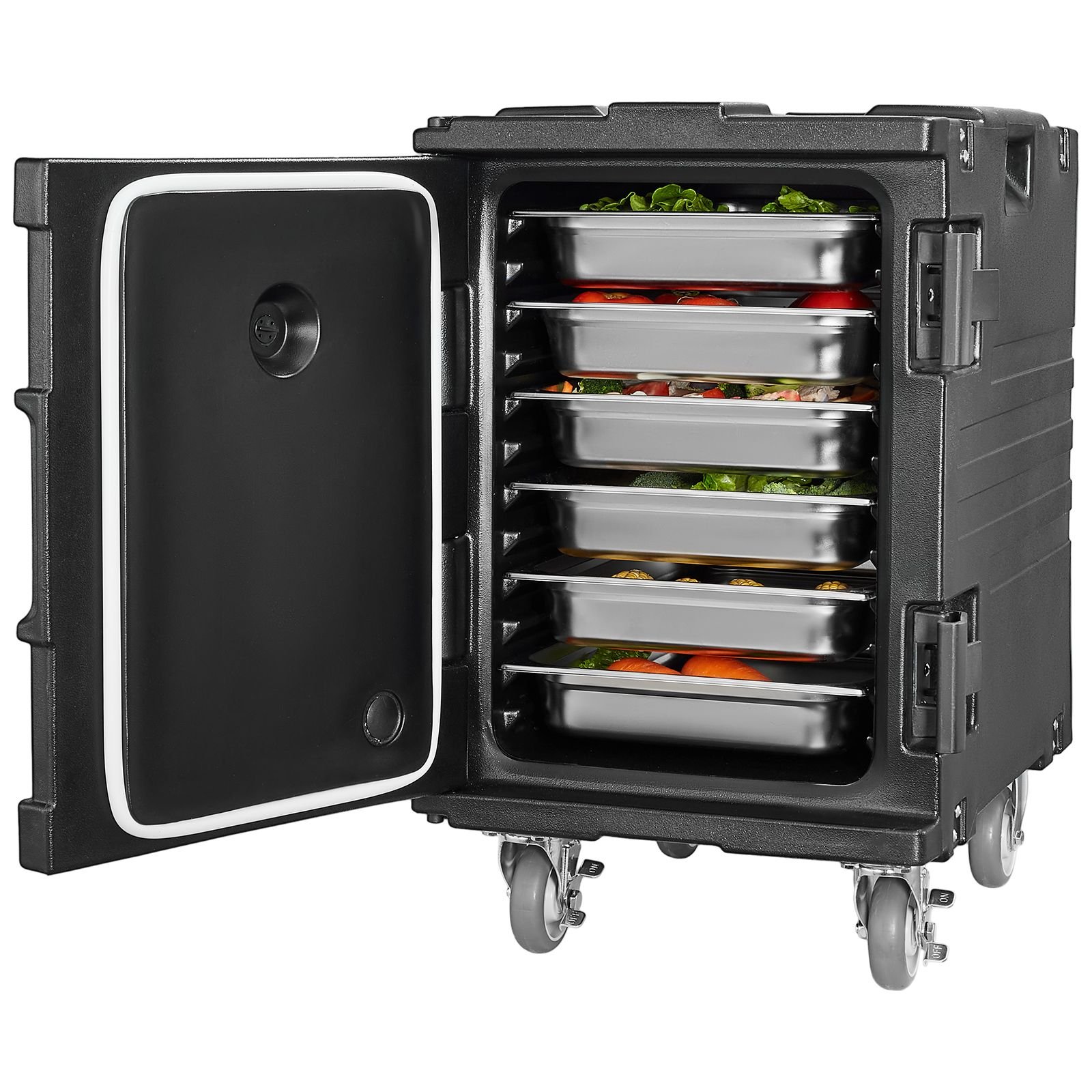 insulated food pan carrier, 95 qt hot box for catering, food box carrier with buckle, front loading food warmer with handles, end loader with wheels for restaurant, canteen