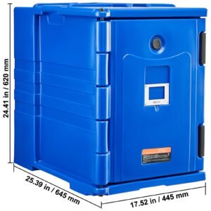 insulated food pan carrier, 95 qt hot box for catering, food box carrier with double buckles, front loading food warmer with handles, stackable end loader for restaurant, canteen