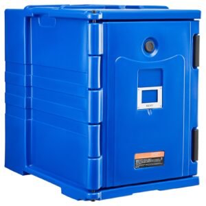 insulated food pan carrier, 95 qt hot box for catering, food box carrier with double buckles, front loading food warmer with handles, stackable end loader for restaurant, canteen