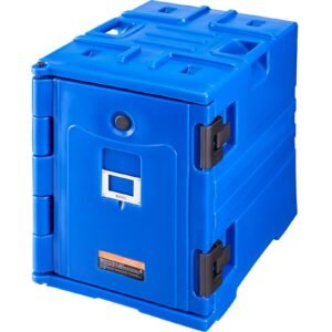 insulated food pan carrier, 95 qt hot box for catering, food box carrier with double buckles, front loading food warmer with handles, stackable end loader for restaurant, canteen