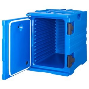 insulated food pan carrier, 95 qt hot box for catering, food box carrier with double buckles, front loading food warmer with handles, stackable end loader for restaurant, canteen