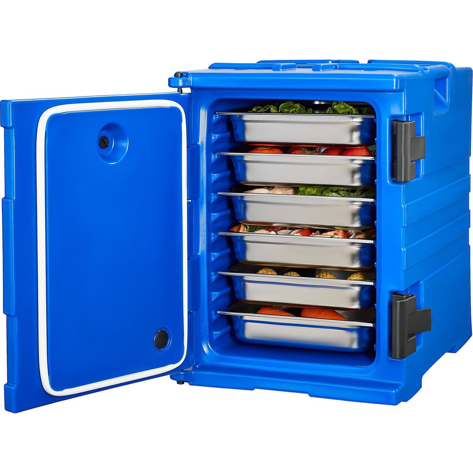 insulated food pan carrier, 95 qt hot box for catering, food box carrier with double buckles, front loading food warmer with handles, stackable end loader for restaurant, canteen