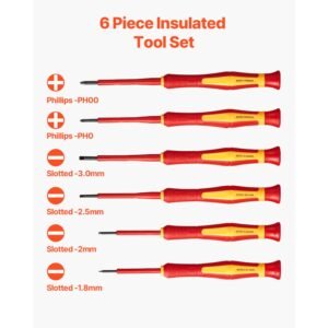 insulated screwdriver set, 6 piece professional electrical screwdriver set, 1000v insulated electrician tool set, with magnetic phillips slotted tips, 360 degree rotating screwdriver and bag