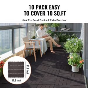 interlocking deck tiles, 10 pack,12"x12" 10 sq. ft plastic waterproof outdoor flooring all weather use, patio floor decking covering tiles for porch poolside balcony backyard, dark brown