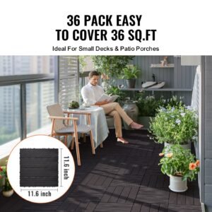 interlocking deck tiles, 36 pack,11.6"x11.6" 36 sq. ft plastic waterproof outdoor flooring all weather use, patio floor decking covering tiles for porch poolside balcony backyard, dark brown