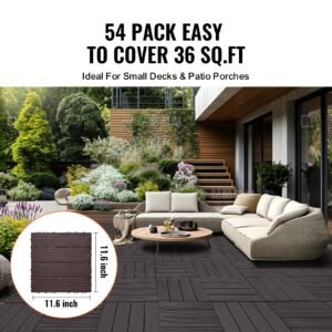 interlocking deck tiles, 54 pack,12"x12" 54 sq. ft plastic waterproof outdoor flooring all weather use, patio floor decking covering tiles for porch poolside balcony backyard, dark brown