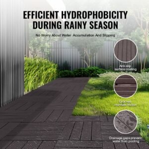 interlocking deck tiles, 54 pack,12"x12" 54 sq. ft plastic waterproof outdoor flooring all weather use, patio floor decking covering tiles for porch poolside balcony backyard, dark brown