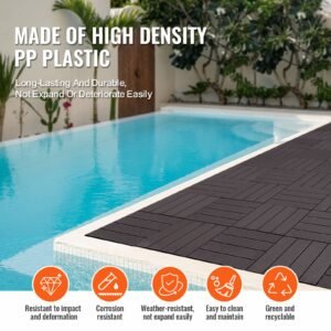 interlocking deck tiles, 54 pack,12"x12" 54 sq. ft plastic waterproof outdoor flooring all weather use, patio floor decking covering tiles for porch poolside balcony backyard, dark brown