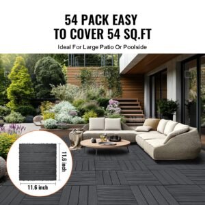 interlocking deck tiles, 54 pack,12"x12" 54 sq. ft plastic waterproof outdoor flooring all weather use, patio floor decking covering tiles for porch poolside balcony backyard, dark grey