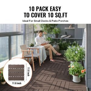 interlocking deck tiles plastic wood, 10 pack,12"x12" 10 sq. ft waterproof outdoor flooring all weather use, patio floor decking covering tiles for porch poolside balcony backyard, dark brown