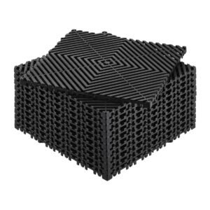 interlocking drainage mat, 12' x 12' modular interlocking cushion, 12 pcs splicing drainage mats, non slip black pp drainage floor tile and shower mat, for garage, garden, kitchen & outdoor