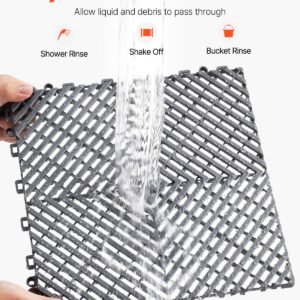 interlocking drainage mat, 12' x 12' modular interlocking cushion, 12 pcs splicing drainage mats, non slip gray pp drainage floor tile and shower mat, for garage, garden, kitchen & outdoor