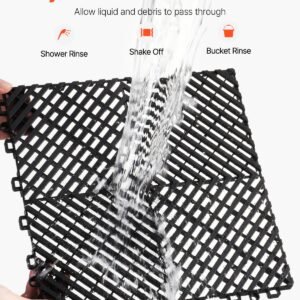 interlocking drainage mat, 12' x 12' modular interlocking cushion, 24 pcs splicing drainage mats, non slip black pp drainage floor tile and shower mat, for garage, garden, kitchen & outdoor