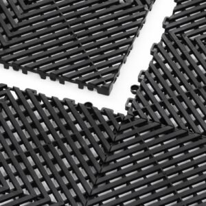 interlocking drainage mat, 12' x 12' modular interlocking cushion, 50 pcs splicing drainage mats, non slip black pp drainage floor tile and shower mat, for garage, garden, kitchen & outdoor