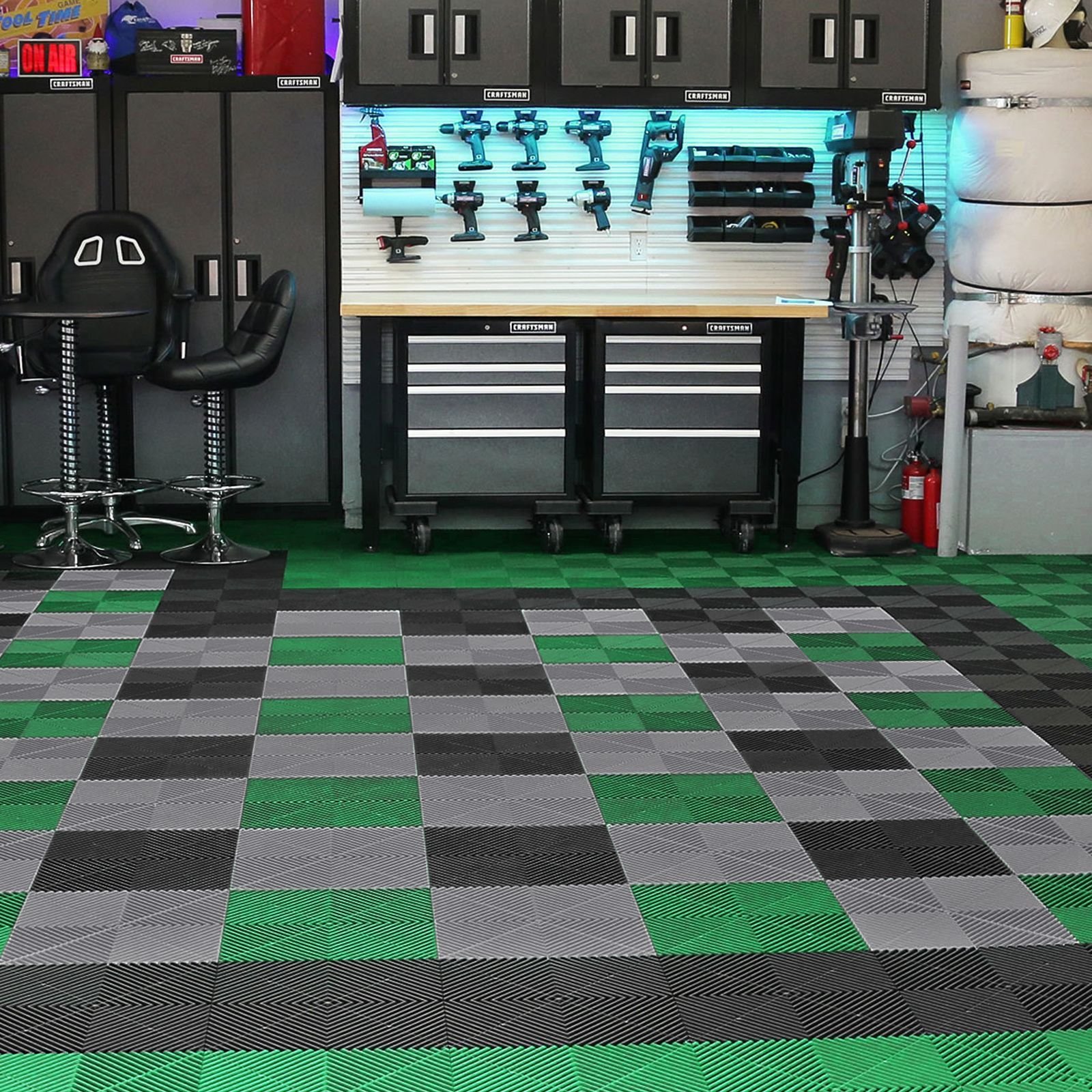 interlocking drainage mat, 12' x 12' modular interlocking cushion, 50 pcs splicing drainage mats, non slip black pp drainage floor tile and shower mat, for garage, garden, kitchen & outdoor