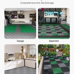 interlocking drainage mat, 12' x 12' modular interlocking cushion, 50 pcs splicing drainage mats, non slip gray pp drainage floor tile and shower mat, for garage, garden, kitchen & outdoor
