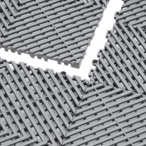 interlocking drainage mat, 12' x 12' modular interlocking cushion, 55 pcs splicing drainage mats, non slip gray pp drainage floor tile and shower mat, for garage, garden, kitchen & outdoor