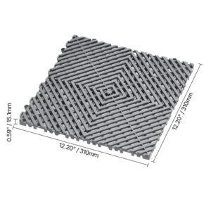 interlocking drainage mat, 12' x 12' modular interlocking cushion, 55 pcs splicing drainage mats, non slip gray pp drainage floor tile and shower mat, for garage, garden, kitchen & outdoor