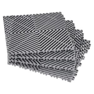 interlocking drainage mat, 12' x 12' modular interlocking cushion, 55 pcs splicing drainage mats, non slip gray pp drainage floor tile and shower mat, for garage, garden, kitchen & outdoor