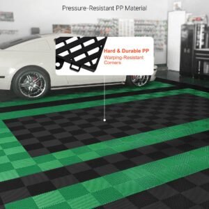 interlocking drainage mat, 15.7' x 15.7' modular interlocking cushion, 24 pcs splicing drainage mats, non slip black pp drainage floor tile and shower mat, for garage, garden, kitchen & outdoor