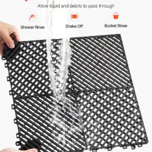 interlocking drainage mat, 15.7' x 15.7' modular interlocking cushion, 24 pcs splicing drainage mats, non slip black pp drainage floor tile and shower mat, for garage, garden, kitchen & outdoor
