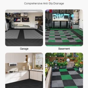 interlocking drainage mat, 15.7' x 15.7' modular interlocking cushion, 24 pcs splicing drainage mats, non slip black pp drainage floor tile and shower mat, for garage, garden, kitchen & outdoor