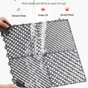 interlocking drainage mat, 15.7' x 15.7' modular interlocking cushion, 24 pcs splicing drainage mats, non slip gray pp drainage floor tile and shower mat, for garage, garden, kitchen & outdoor