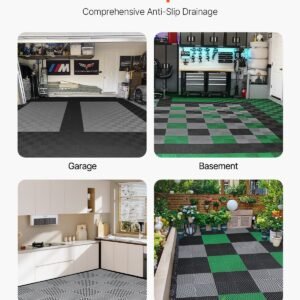 interlocking drainage mat, 15.7' x 15.7' modular interlocking cushion, 24 pcs splicing drainage mats, non slip gray pp drainage floor tile and shower mat, for garage, garden, kitchen & outdoor