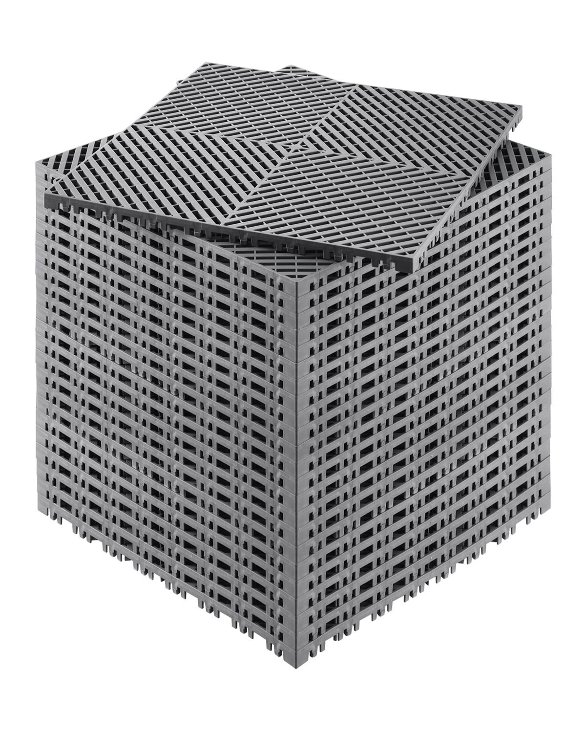 interlocking drainage mat, 15.7' x 15.7' modular interlocking cushion, 24 pcs splicing drainage mats, non slip gray pp drainage floor tile and shower mat, for garage, garden, kitchen & outdoor