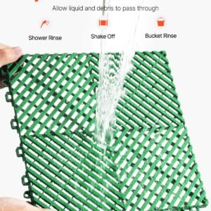 interlocking drainage mat, 50 pcs modular interlocking cushion, 12' x 12' splicing drainage mats, non slip green pp drainage floor tile and shower mat, for garage, garden, kitchen & outdoor