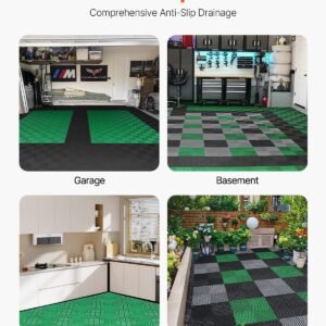 interlocking drainage mat, 50 pcs modular interlocking cushion, 12' x 12' splicing drainage mats, non slip green pp drainage floor tile and shower mat, for garage, garden, kitchen & outdoor