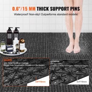 interlocking tile 55pcs black, drainage tiles 12" x 12" splicing, soft pvc interlocking drainage floor tiles, non slip drainage holes for restroom, bathroom, kitchen, pool, wet areas