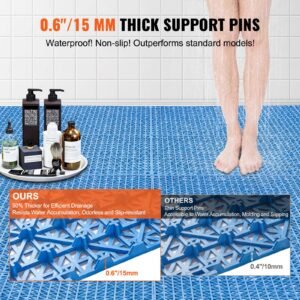 interlocking tile 55pcs blue, drainage tiles 12" x 12" splicing, soft pvc interlocking drainage floor tiles, non slip drainage holes for restroom, bathroom, kitchen, pool, wet areas, blue
