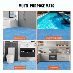 interlocking tile 55pcs blue, drainage tiles 12" x 12" splicing, soft pvc interlocking drainage floor tiles, non slip drainage holes for restroom, bathroom, kitchen, pool, wet areas, blue