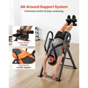 inversion table, 300 lbs capacity heavy duty back inverter stretcher, inverted table with dual roller locking, decompression tables for shoulders, neck, back, multi angle adjustable tether strap
